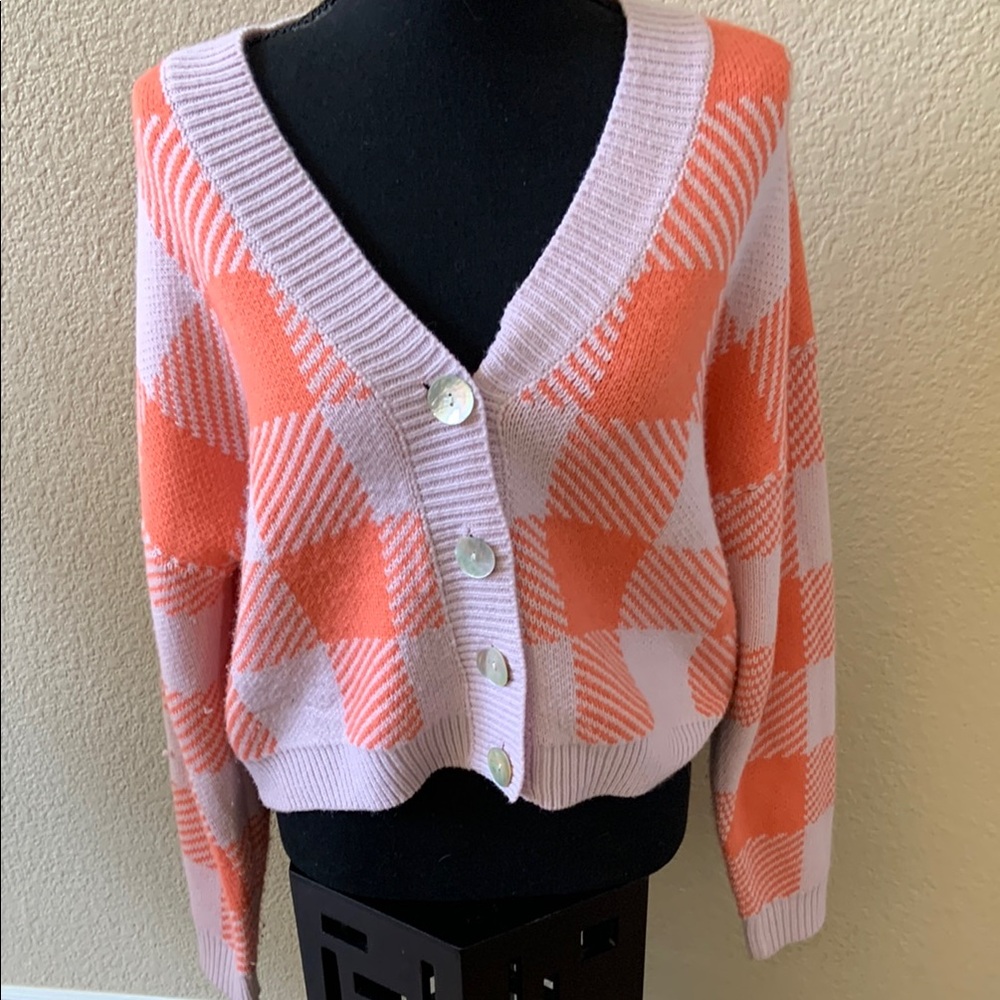 Loom Orange Checkerboard Cropped Cardigan Sweater S/M